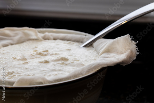 Homemade yogur being processed through cheesecloth to drain whey photo