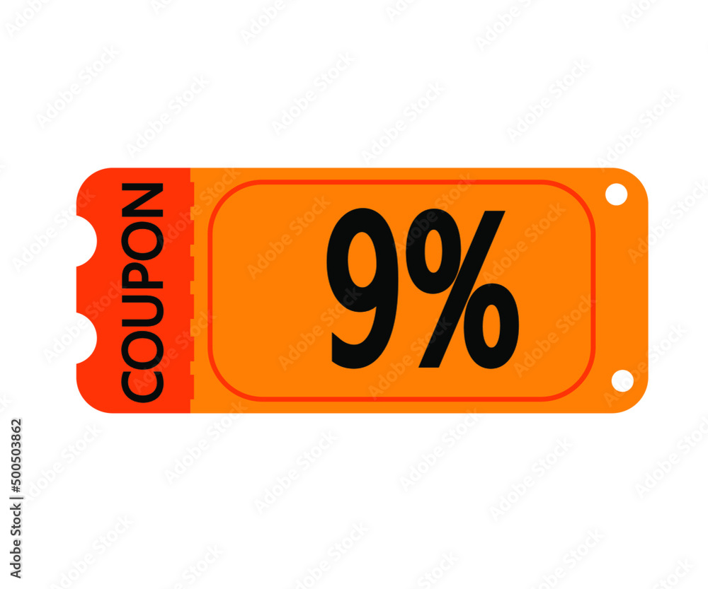 9% off coupon vector. Orange perforated coupon template on white background for stores 9% off coupon vector. Orange perforated coupon template on white background for stores