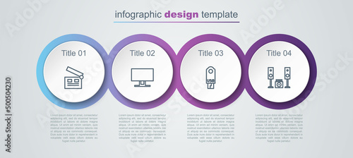 Set line Movie clapper, Smart Tv, USB flash drive and Home stereo with two speakers. Business infographic template. Vector