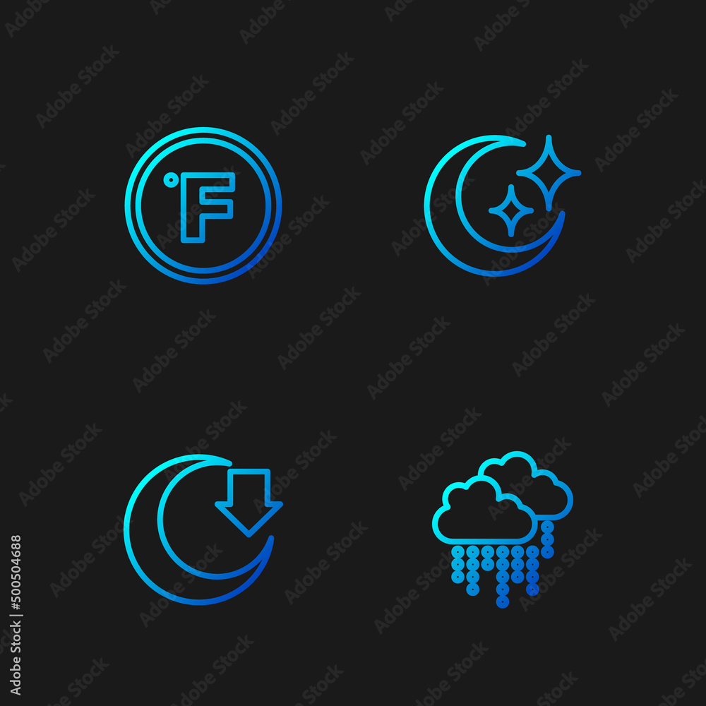 Set line Cloud with rain, Moon, Fahrenheit and and stars. Gradient color icons. Vector Set line Cloud with rain, Moon, Fahrenheit and and stars. Gradient color icons. Vector