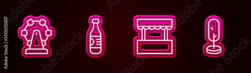 Set line Ferris wheel, Bottle of water, Ticket box office and Tree. Glowing neon icon. Vector photo