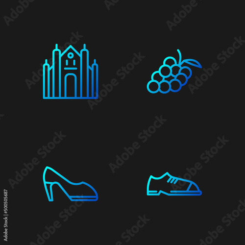 Set line Men shoes, Woman, Milan Cathedral and Grape fruit. Gradient color icons. Vector