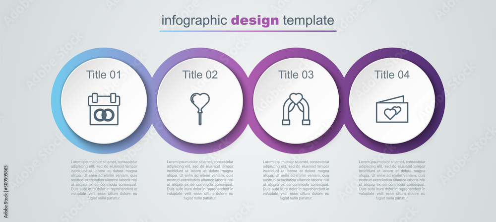 Set line Calendar, Balloons in form of heart, Wedding arch and Greeting card. Business infographic template. Vector