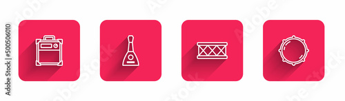 Set line Guitar amplifier, Balalaika, Drum and Dial knob level with long shadow. Red square button. Vector