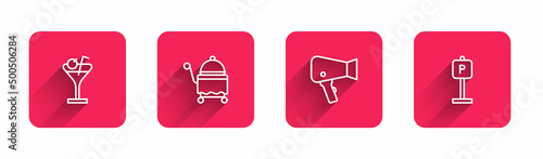 Set line Martini glass, Covered with tray, Hair dryer and Parking with long shadow. Red square button. Vector