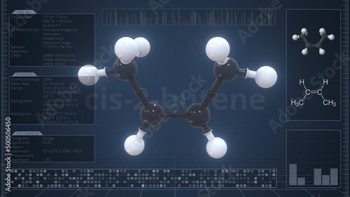 Cis-2-butene molecule with description on the computer screen, loopable 3d animation