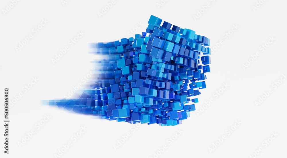 Data moving in clusters. Data transfer in clusters, isolated on neutral white. Group of blue blocks in movement. 3D illustration, 3D rendering.