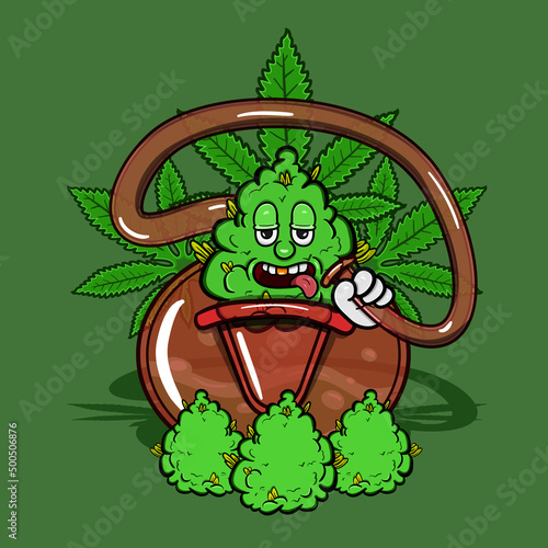 Mascot of Weed Cartoon On Bong Glass Smoke and Marijuana Background.