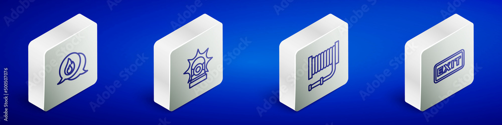 Set Isometric line Telephone call 911, Flasher siren, Fire hose reel and exit icon. Vector Set Isometric line Telephone call 911, Flasher siren, Fire hose reel and exit icon. Vector