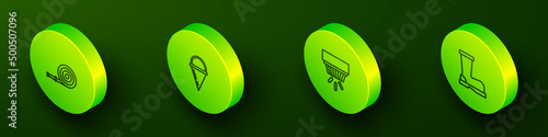 Set Isometric line Fire hose reel, cone bucket, Smoke alarm system and boots icon. Vector