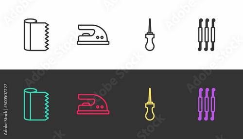 Set line Textile fabric roll, Electric iron, Awl tool and Crochet hook on black and white. Vector