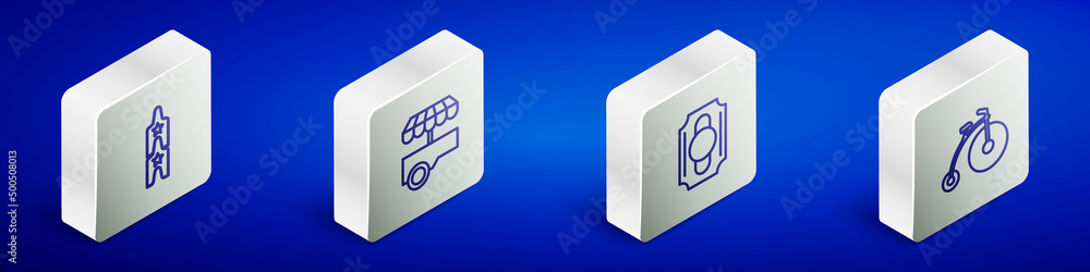 Set Isometric line Circus ticket, Fast street food cart, and Vintage bicycle icon. Vector Set Isometric line Circus ticket, Fast street food cart, and Vintage bicycle icon. Vector