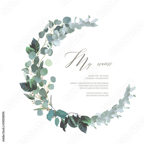 Greenery selection vector design round invitation frame. Rustic wedding greenery