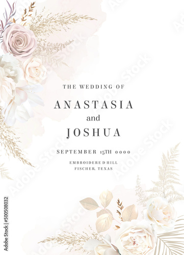 Modern beige and blush trendy vector design frame. Pastel pampas grass, fern, white peony