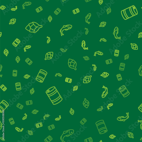 Set line Hop, Metal beer keg and Dried fish on seamless pattern. Vector