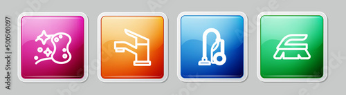 Set line Sponge, Water tap, Vacuum cleaner and Brush for cleaning. Colorful square button. Vector