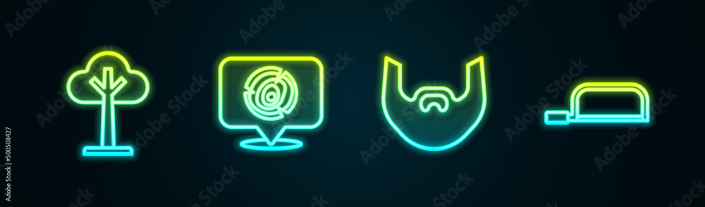 Set line Tree, Wooden logs, Mustache and beard and Hacksaw. Glowing neon icon. Vector Set line Tree, Wooden logs, Mustache and beard and Hacksaw. Glowing neon icon. Vector