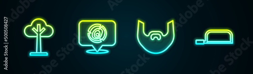 Set line Tree, Wooden logs, Mustache and beard and Hacksaw. Glowing neon icon. Vector
