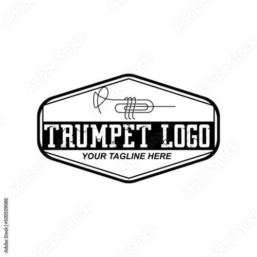 Trumpet logo design, generate melody, musical instrument vector sketch illustration