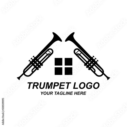 Trumpet logo design, generate melody, musical instrument vector sketch illustration
