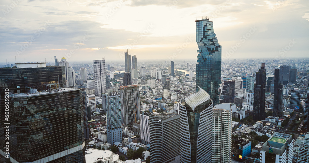 Obraz premium Bangkok aerial view from the drone to downtown Sathorn area with conterporary architecture