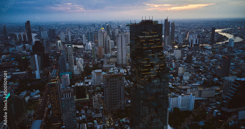 Fototapeta premium Bangkok aerial view from the drone to downtown Sathorn area with conterporary architecture