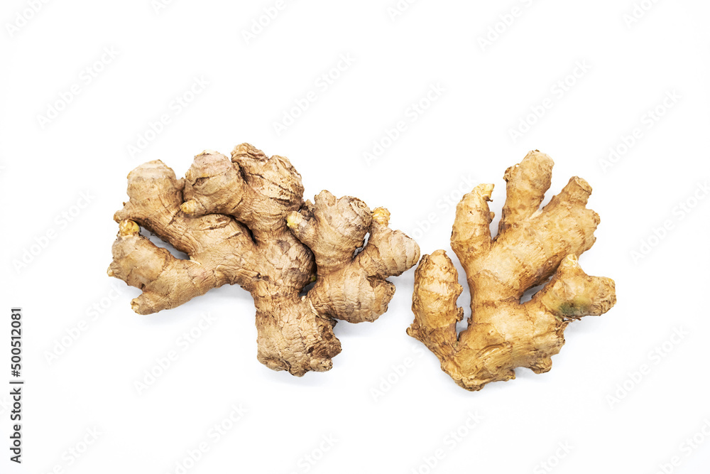 Ginger root on white background, close up.