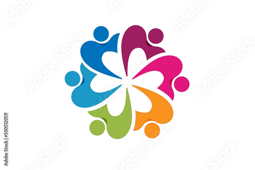 Logo teamwork people unity charity heart shape friendship social media workers group of friends around teamwork text vector image graphic illustration clipart design