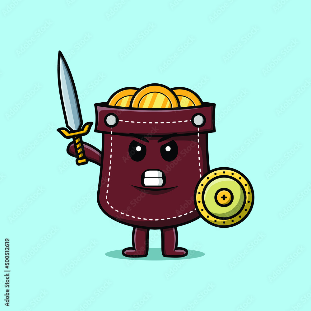 Cute cartoon character Pocket holding sword and shield in modern style ...