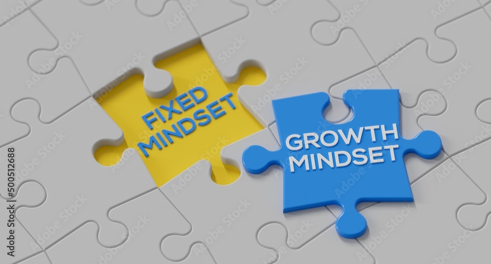 Growth Mindset word on a puzzle piece about to fill in a hole marked Fixed Mindset Growth Mindset word on a puzzle piece about to fill in a hole marked Fixed Mindset
