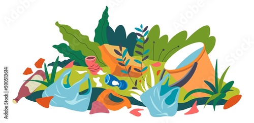 Polluted and contaminated forest with garbage