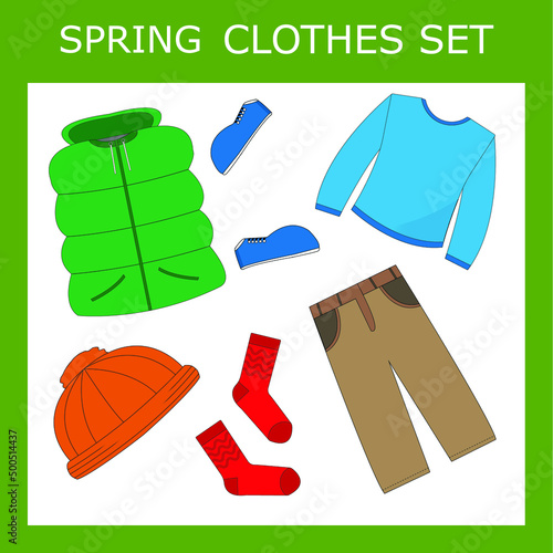 Children's seasonal clothes. Season of clothing for spring. Cartoon children's seasonal  spring clothes.