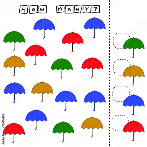 How many counting game with colorful umbrella. Preschool worksheet, kids activity sheet, printable worksheet
