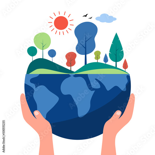 Hand holding earth planet with trees, sunshine and blue sky in flat design. Save the planet concept. Save our environment.