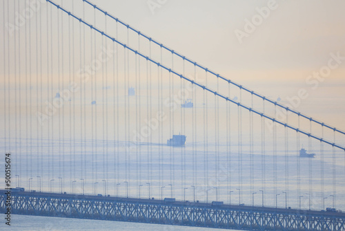 旗振山から見た明石海峡大橋と船