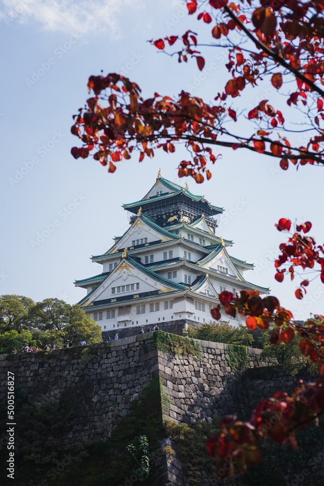 Fototapeta premium Osaka Castle framed by Autumn trees in Osaka, Japan. Autumn / Fall