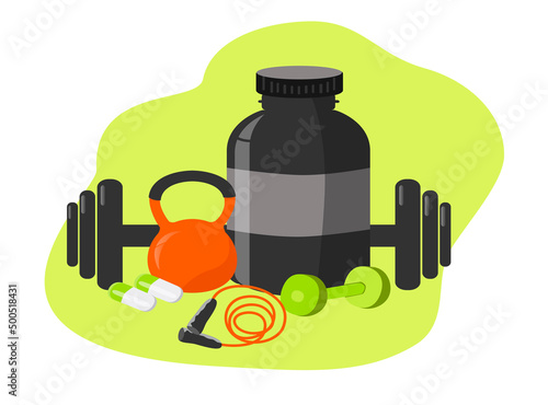 vector illustration in a flat style on the theme of sports, sports nutrition, gym. Kettlebell, barbell, jump rope, dumbbell