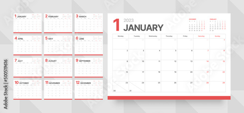 Monthly calendar template for 2023 year. Week Starts on Monday. Desk calendar in a minimalist style. 