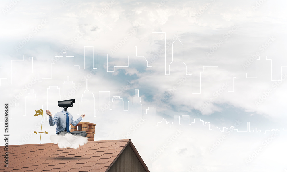 Concept of security and privacy protection with camera headed man meditating Concept of security and privacy protection with camera headed man meditating
