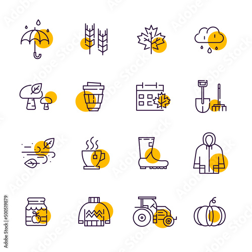 Autumn season line icons. Rainy weather, foliage fall, harvest and warm sweater. Pixel perfect, editable stroke