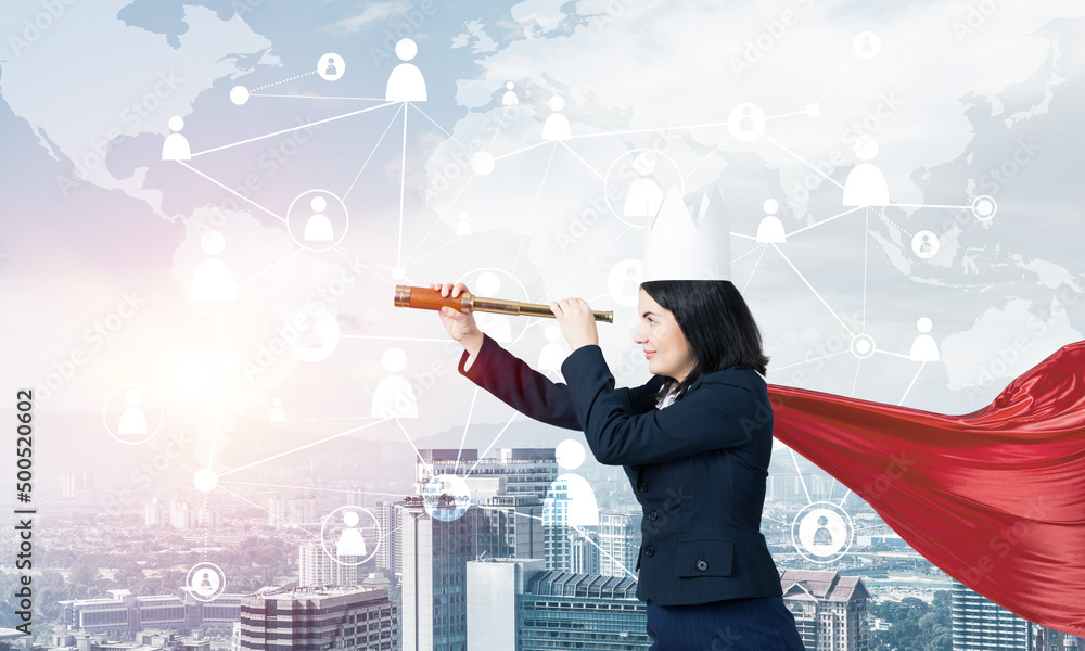 Concept of power and sucess with businesswoman superhero in big city Concept of power and sucess with businesswoman superhero in big city
