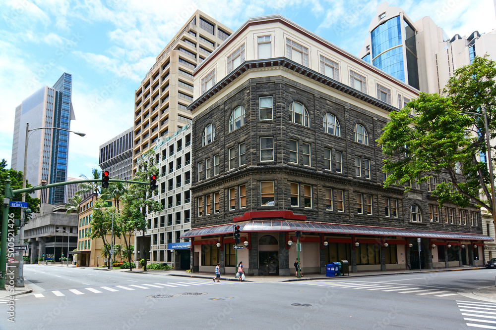 Street view of historic buildings in the business district of downtown Honolulu on Oahu, Hawaii