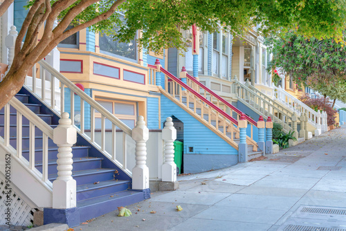 Canvas Print Townhomes entrance exterior with colorful stairs at San Francisco, California