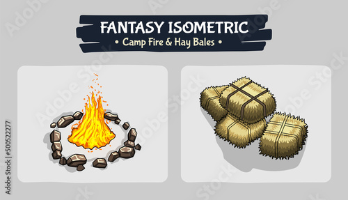 Isometric Fire and  Hay Bales Fantasy game assets - Vector Illustration