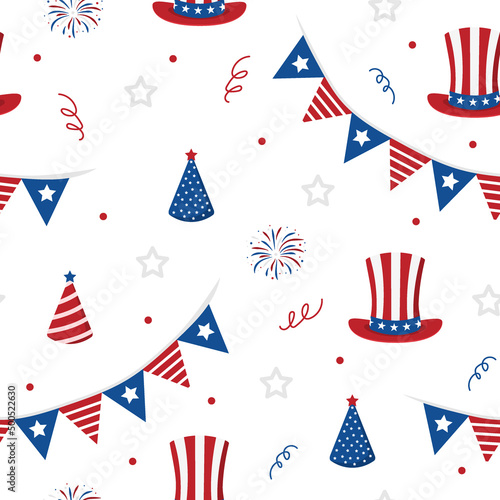 Independence Day of USA. Seamless pattern with festive elements. Holiday background for 4th of July celebration. National Freedom Day. Vector illustration in flat cartoon style.
