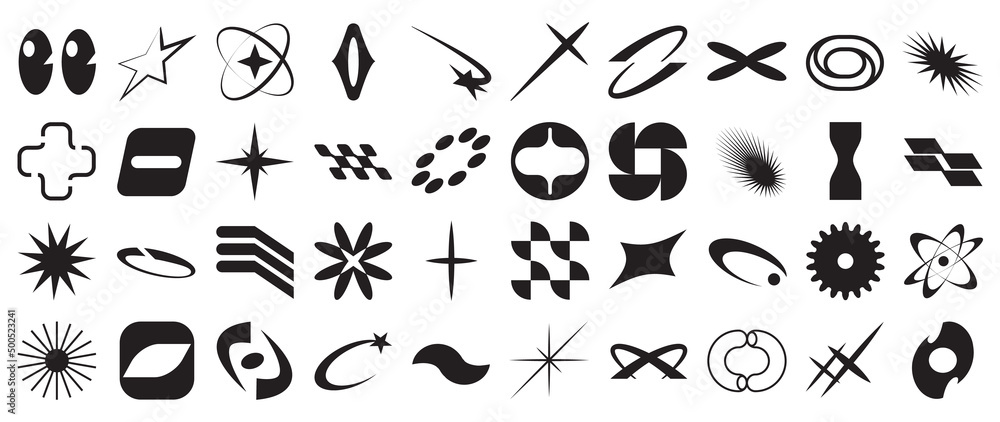 Naklejka premium Collection of geometric shapes on white background. Abstract black color icon element of star, sparkling, different shapes, moon, sun. Icon graphic design for decoration, logo, business, ads.