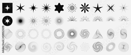 Collection of geometric shapes on white background. Abstract black color icon element of star, sparkling, different shapes, moon, sun. Icon graphic design for decoration, logo, business, ads.