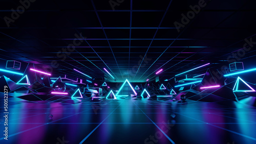 3d abstract neon background, geometric background with polygonal structure, cyber space virtual reality, Podium show products, place for product, colored neon lights, retro sci-fi style