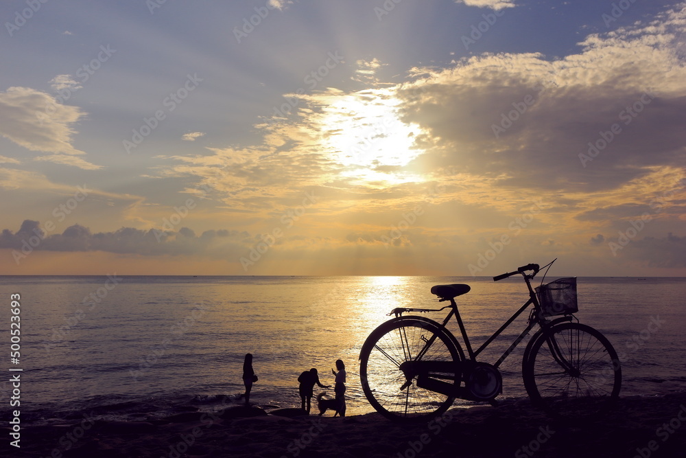 Set of photos, silhouettes, tourists and bicycles