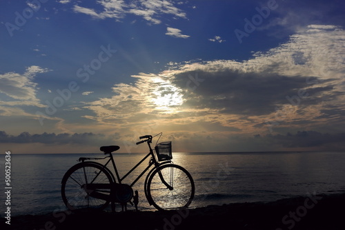 Set of photos, silhouettes, tourists and bicycles © nuisk17